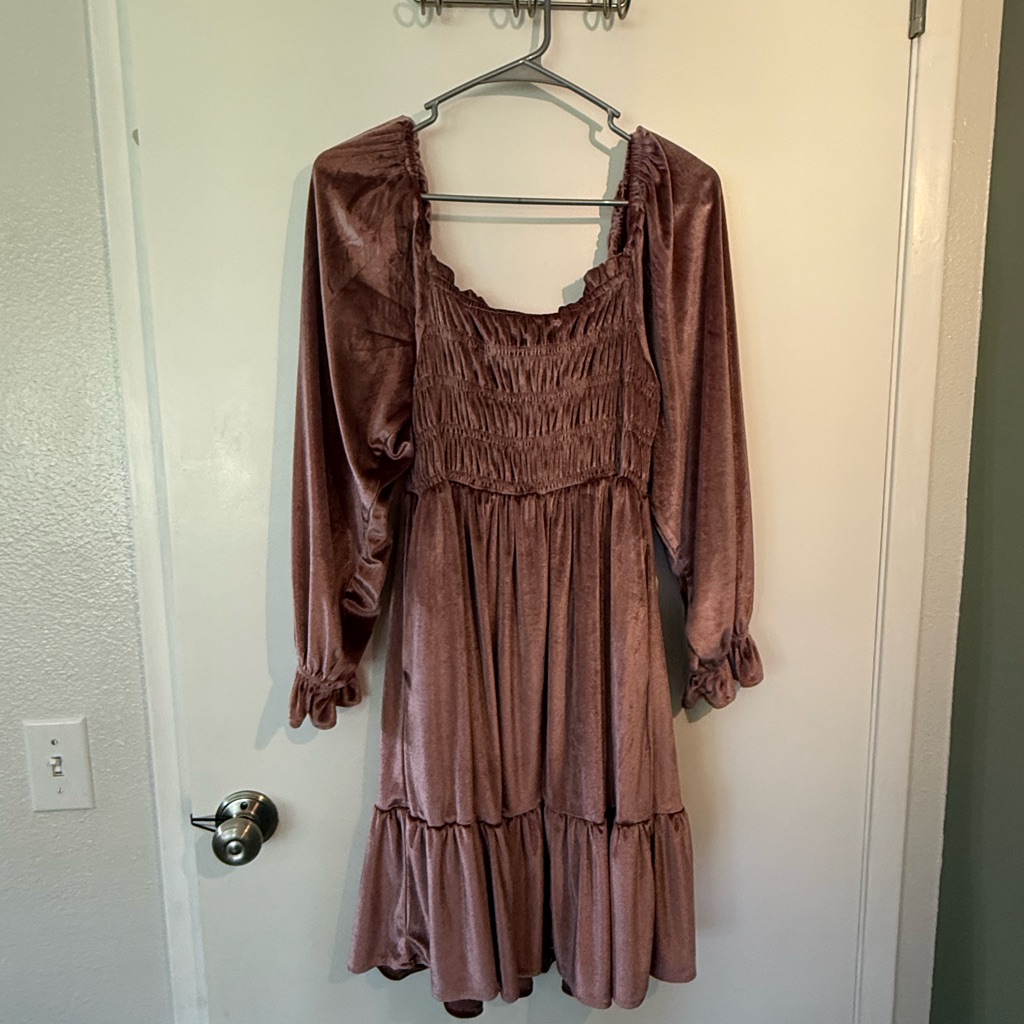 Velvet Long Sleeve Dress In Mauve
